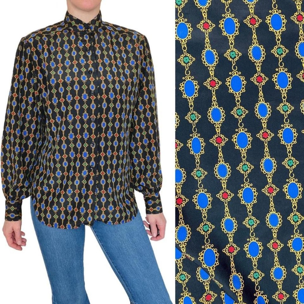 Vintage The Villager 80’s Black Abstract Geometric Button Down Shirt Blouse